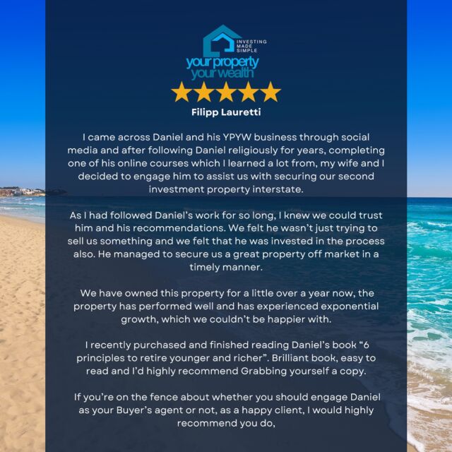 “The property has performed well and has experienced exponential growth, which we couldn’t be happier with” 

- happy clients growing their wealth is our mission 🚀

#wealthbuilding #investor #wealthmindset #ypywmastery #propertyeducation #6principlestoretireyoungerandricher #wealthcreation #ypyw #capitalgrowth #buyersagent